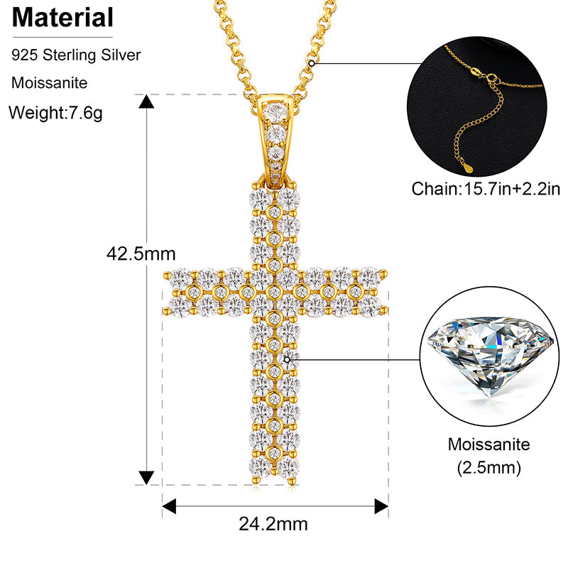 925 Sterling Silver Two Row VVS Moissanite Diamond Cross Pendant Necklace With Chain